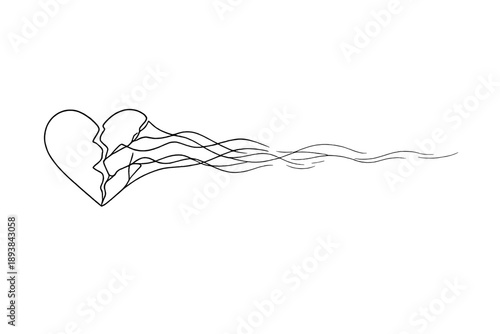"Healing broken heart". Minimalistic one-line drawing fractured heart gradually dissolving into gentle glowing