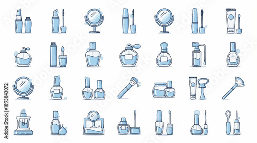 collection of various blue cosmetic items and tools for makeup and skincare