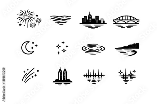 Fireworks reflected in river. Line outline icon set of Fireworks reflected in river: fireworks burst, river