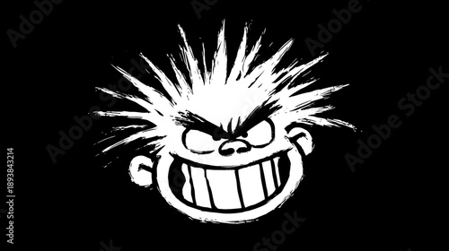 Angry cartoon face with spiky wild hair and mischievous toothy grin on a black background. Comic style character expression.