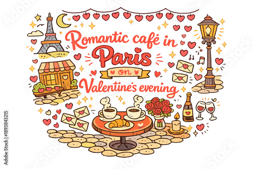 Romantic café in Paris on Valentine’s evening. Hand-drawn doodle illustration of Romantic café in Paris on