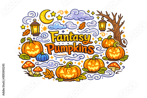 Fantasy Pumpkins Glowing. Hand-drawn doodle illustration of Fantasy Pumpkins Glowing. Glowing pumpkins,