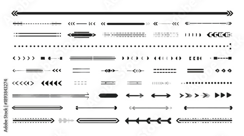 Collection of diverse vector dividers, horizontal line separators, and arrow elements for graphic design, page decoration, and text embellishment.