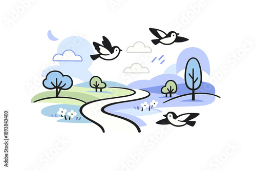 Soft spring morning. Pastel fields with small trees and winding paths, birds floating gently in the air. The