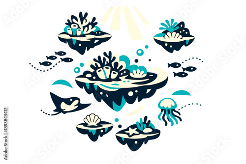 Ocean summer dreamscape. Abstract underwater landscape with floating islands of coral, glowing fish trails,