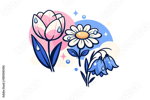 Botanical illustration of spring flowers. Close-up flowers with oversized petals and abstract shapes behind