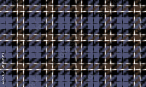 Seamless plaid fabric in blue, black, brown, and white is ideal for fashion design in clothing, skirts, and trousers, giving a classic yet modern feel.