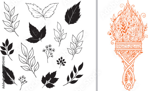 Hand-drawn botanical vector set featuring diverse leaf silhouettes and line art. Paired with a decorative orange torch illustration overflowing with intricate floral and wheat-like patterns.