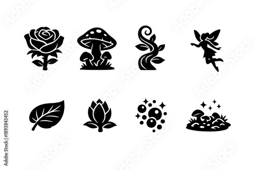 Fantasy giant flower garden. Filled icon set of Fantasy giant flower garden: colossal rose, mushroom flower,