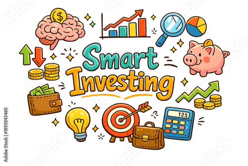 Smart Investing. Hand-drawn doodle illustration of Smart Investing. brain with coin, analytics chart,