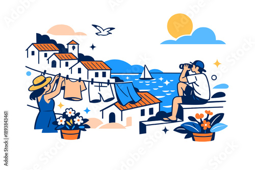 Coastal village in sunlight. White houses with terracotta roofs overlooking a sparkling sea, laundry and