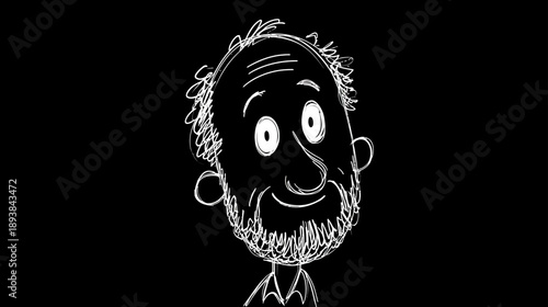 Smiling cartoon man illustration with beard and messy hair, hand-drawn style, black and white graphic character portrait