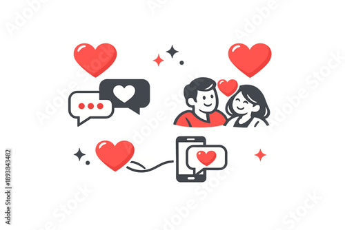 Modern love icons. Red hearts, chat bubbles, and subtle sparkles arranged in balanced symmetry, light sense of