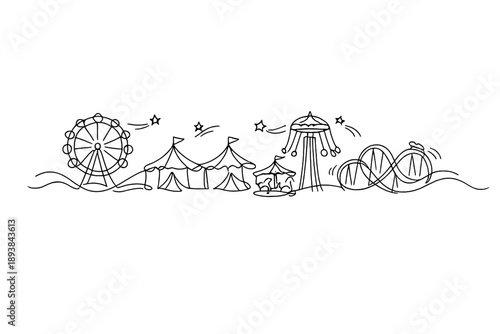"Whimsical summer carnival". Minimalistic one-line drawing illuminated rides and fair tents with gentle motion