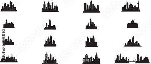 City skyline silhouettes at dusk on white background for urban concepts and design