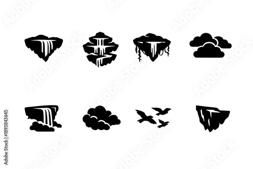Floating islands with waterfalls. Filled icon set of Floating islands with waterfalls: floating island,