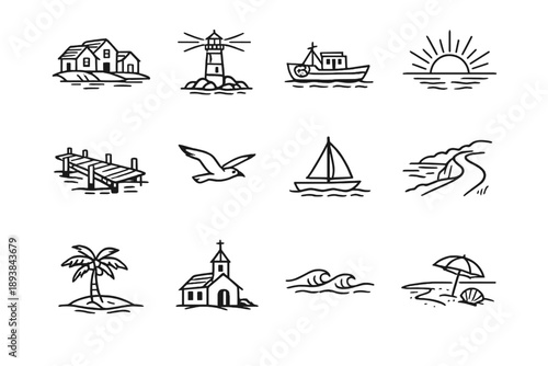 Coastal village in sunlight. Line outline icon set of Coastal village in sunlight: seaside houses, lighthouse,