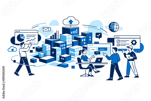 Virtual business ecosystem. A digital city made of data blocks, avatars collaborating through glowing