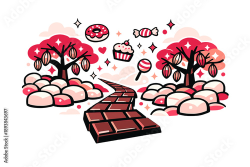 Sweet dream chocolate land. A path made of chocolate bars leading through marshmallow fields and glowing cocoa