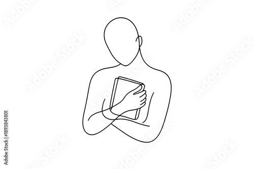 Peaceful reader. Minimalistic one-line drawing human figure holding a book close with gentle posture