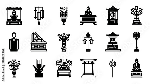 Detailed set of black and white glyph icons depicting traditional Japanese and East Asian culture, religion, and heritage symbols.