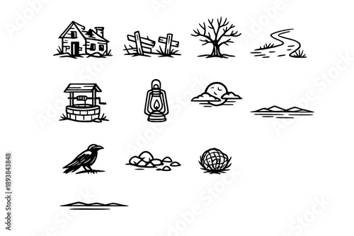Eerie abandoned village. Line outline icon set of Eerie abandoned village: ruined house, cracked fence,