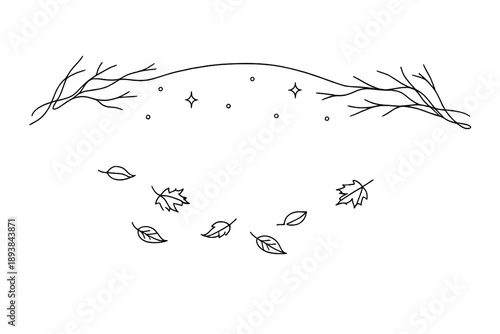 "Autumn starlit night". Minimalistic one-line drawing starry sky with drifting autumn leaves and bare tree