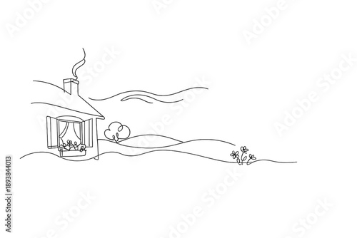 "Pastoral spring dawn". Minimalistic one-line drawing countryside cottage with open window, flowers and