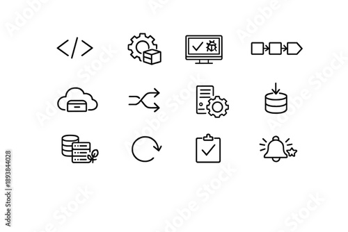CI CD Pipeline. Line outline icon set of CI CD Pipeline: source code, build process, automated testing,