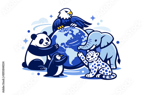 Protectors of Earth. Animals standing on different continents, paws and wings touching the globe like a shield
