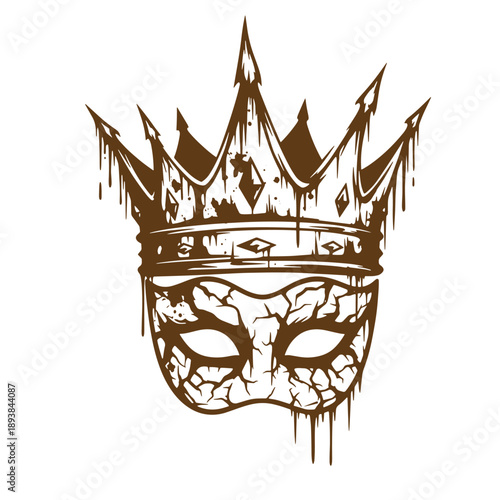 Vintage Grunge texture Brown crowned cracked face mask with dripping paint effect isolated on white background for design and art projects