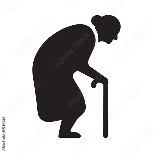 silhouette of a hunched grandmother holding a stick, vector illustration