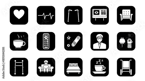 Healthcare, Lifestyle, and Daily Life Icons Set. Monochrome vector illustrations for web, app design, and graphic projects.