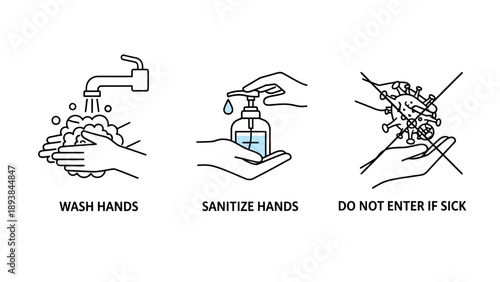 Hands washing and sanitizing instructions.