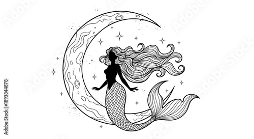 Mermaid silhouette with crescent moon