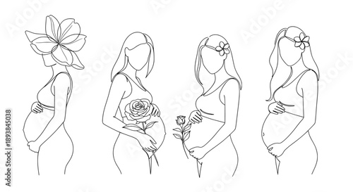 Pregnant woman line art illustration with flowers