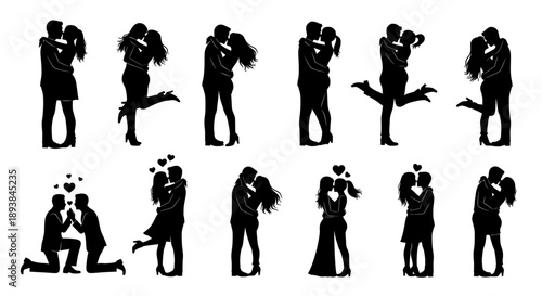 Couple silhouette love and romance set