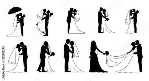 Wedding couple silhouettes set