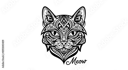 Cat head mandala tattoo design with meow text
