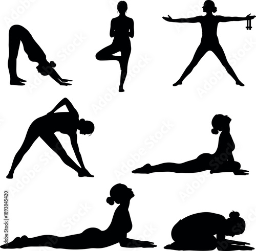 Set of silhouettes representing various yoga poses and asanas