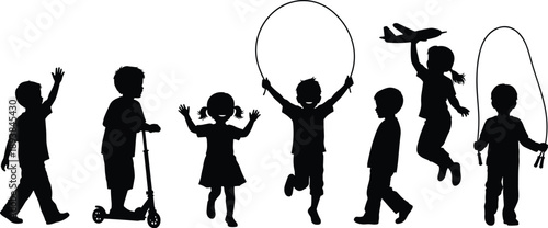 Joyful Children Playing Outdoors in Silhouette – Scooter, Jump Rope, Airplane Toy, Waving, Jumping, Laughing, Energetic Childhood Fun Scene