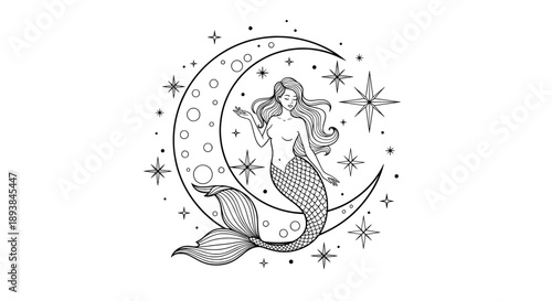 Mermaid silhouette with crescent moon