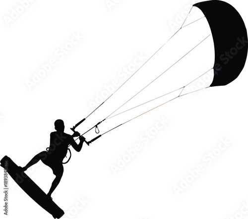 Silhouette of Kiteboarder Riding Waves with Inflated Kite – Adventure, Wind Power, Water Sport, Freedom, Balance, Speed, Coastal Thrill