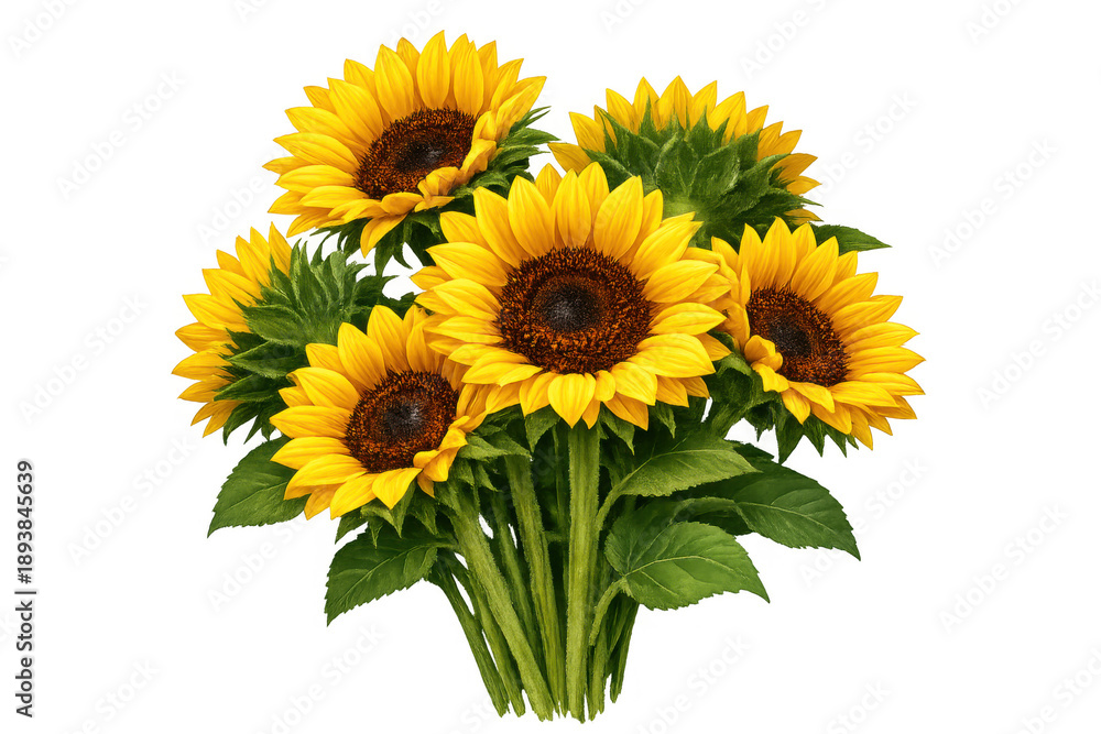 Naklejka premium Vibrant sunflower bouquet blooming with yellow petals and green leaves, symbolizing summer, nature, and happiness on transparent background