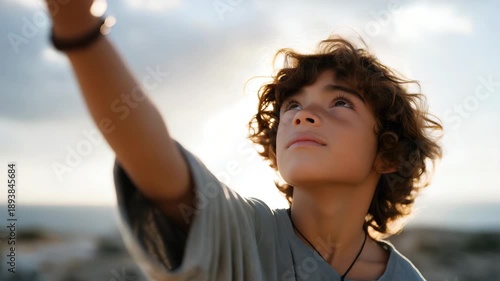 Child reaching for a star in a dreamlike environment, soft light and open gesture symbolizing hope, inspiration, curiosity, fantasy, and the pursuit of dreams in childhood. cinematic color