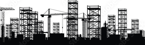 Industrial construction site silhouette with high rise building scaffolding, cranes, urban development, and architectural engineering structures isolated on white background for project.