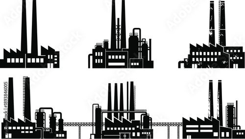 Industrial factory building silhouette set with smoke stacks, chemical plant pipes, manufacturing warehouses, and power station icons for urban cityscape design.