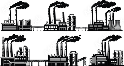 Industrial factory building silhouette set with smoking chimney stacks, manufacturing warehouses, chemical plant pipes, power station icons, and urban cityscape engineering design.