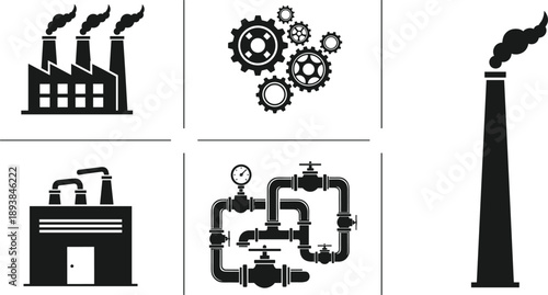 Industrial factory icons set with manufacturing building, mechanical gears, complex pipeline system, and tall chimney smoke stacks for heavy engineering design.