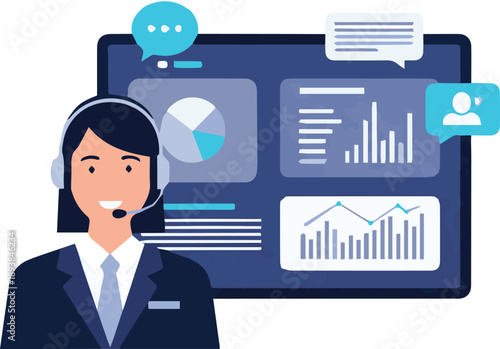 A customer service representative analyzes business data on a computer screen with various charts and graphs